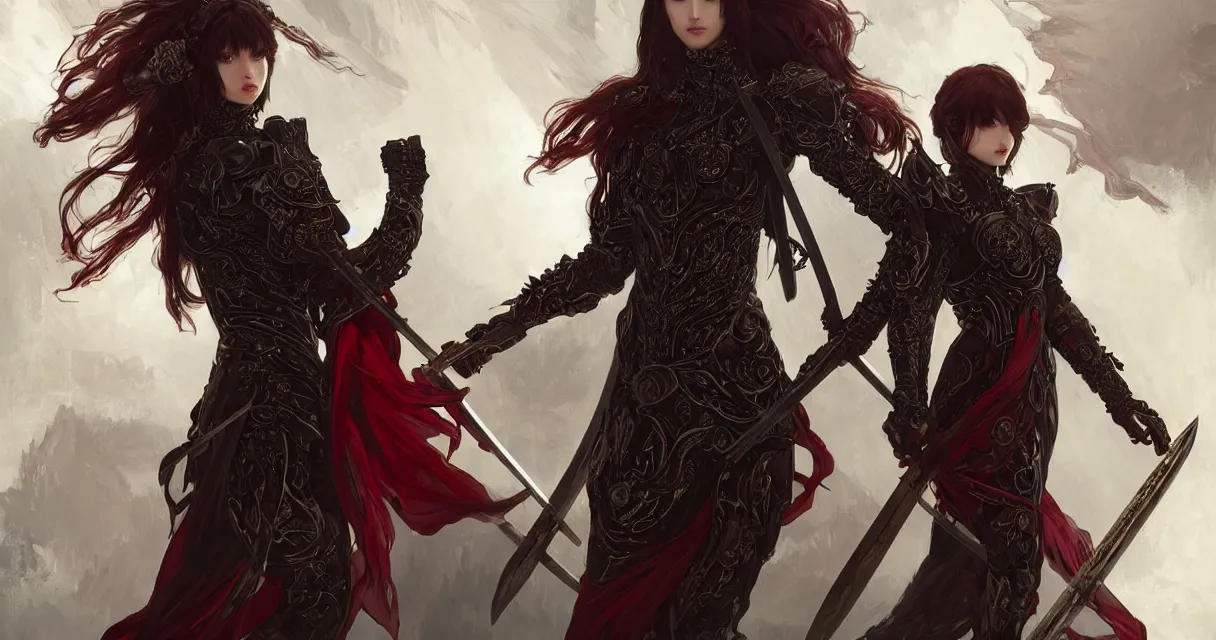 Image similar to evilly knights of zodiac girl, black and reddish color reflected armor, sword and katana dance in ruined agora of athens fallen night, ssci - fi and fantasy, intricate and very very beautiful and elegant, highly detailed, digital painting, artstation, concept art, smooth and sharp focus, illustration, art by tian zi and wlop and alphonse mucha