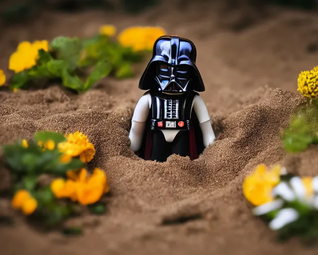 Prompt: 8 5 mm food photography of darth vader playing with toys near a garden with sand with dof and bokeh and flowers o