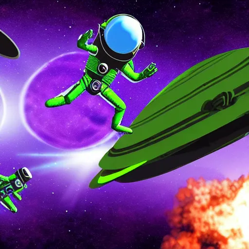 Prompt: alien fight with humans in space with spaceships while the planets are seen