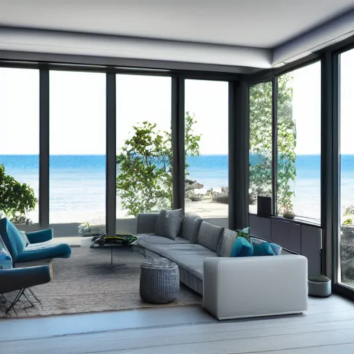 Prompt: modern contemporary interior home design, living room with window facing the sea and sun, photorealistic, ultra - detailed, 4 k high resolution, hdr shot, unreal engine rendering