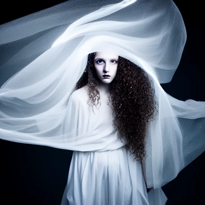 Prompt: simulated photography of a young woman with long curly hair, dressed in long white, light painting in style of Paolo Roversi, professional studio lighting, dark background, hyper realistic photography, fashion magazine style