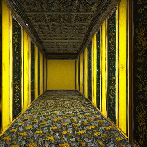 Image similar to an empty room with yellow wallpaper with no people in it, a detailed matte painting by richard benning, pixiv, postminimalism, hall of mirrors, matte painting, creepypasta