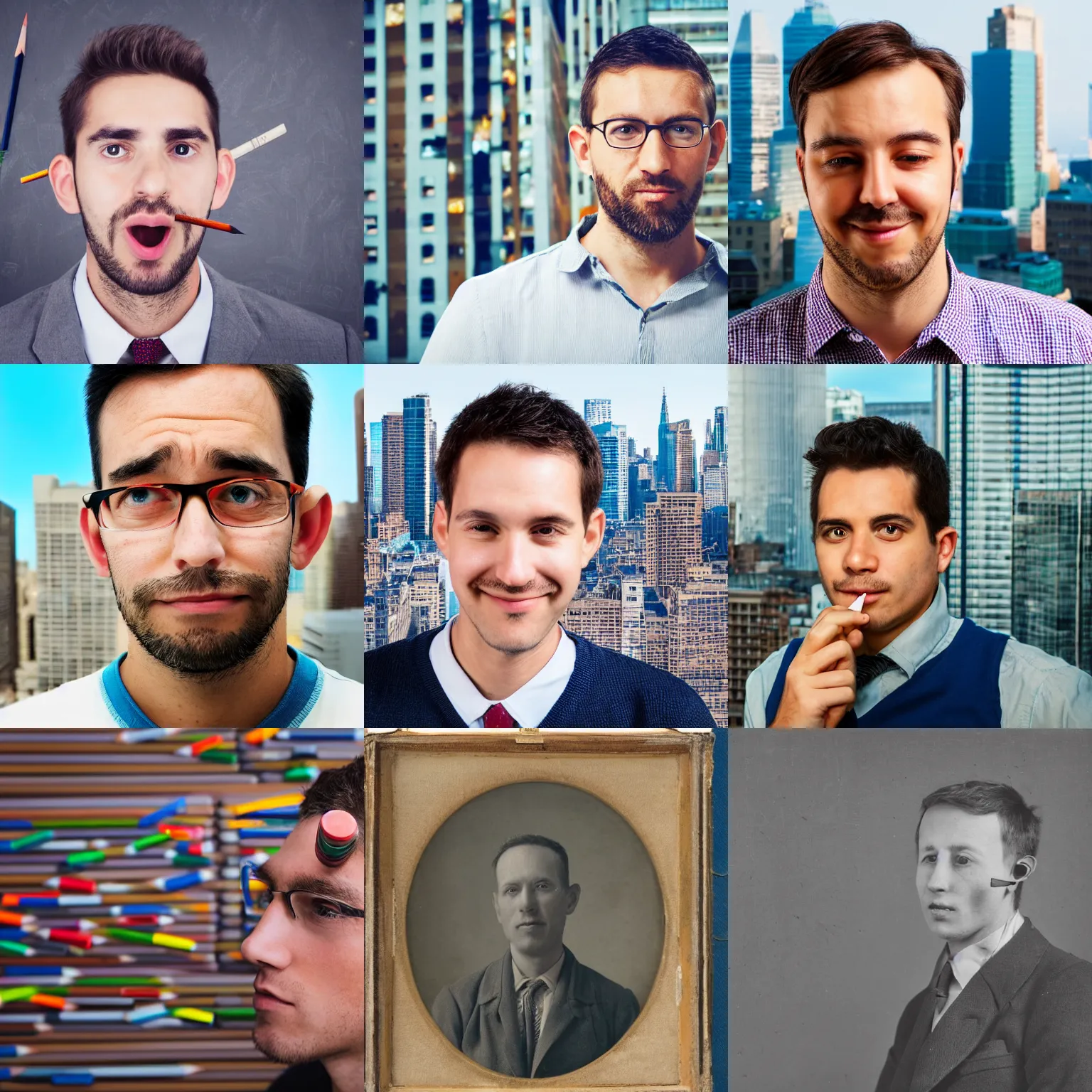 Prompt: portrait photo of a man with pencils sticking out of his ears, city background