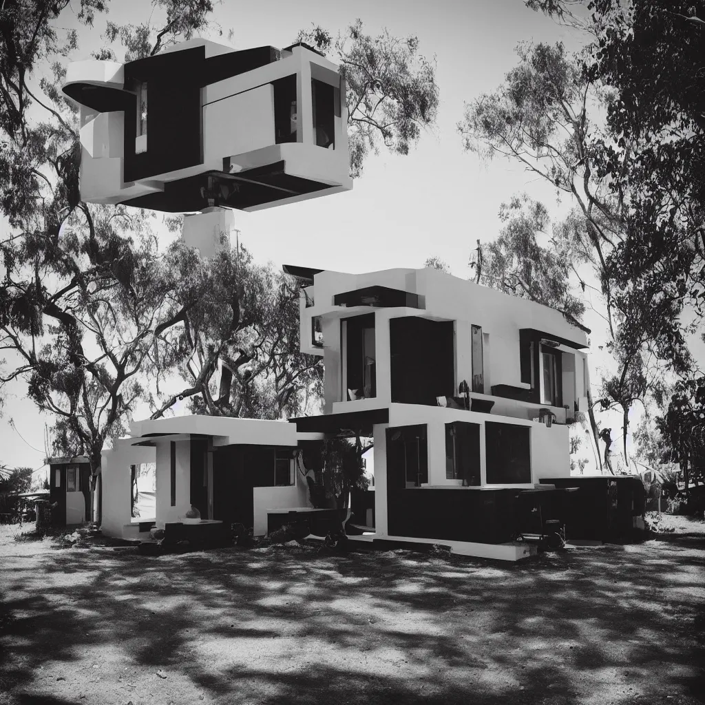 Image similar to “A perfectly centered beautiful black and white 24mm photo of mid-century retro-futuristic tiny house in Los Angeles”