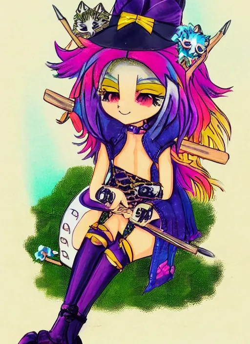 Prompt: A vintage painted illustration of an adorable chibi rogue fox anime girl in the style of Lisa Frank Babs Tarr Hantine Hsu sitting in a couture leather and spike vest that has skulls on it