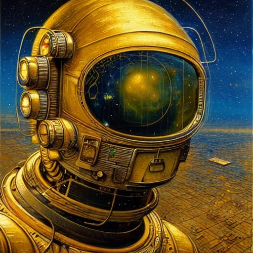 Prompt: cyberpunk astronaut, atmospheric lighting, painted, intricate, golden and blue hour, ultra detailed by peter gric, giger, enki bilal