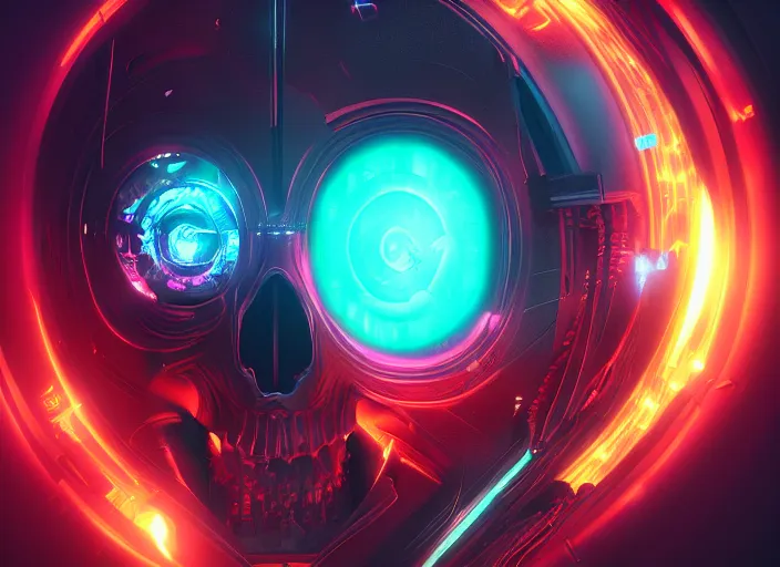 Prompt: a futuristic skull with glowing eyes and a wormhole tunnel, cyberpunk art by ross tran, behance contest winner, computer art, darksynth, synthwave, rendered in cinema 4 d