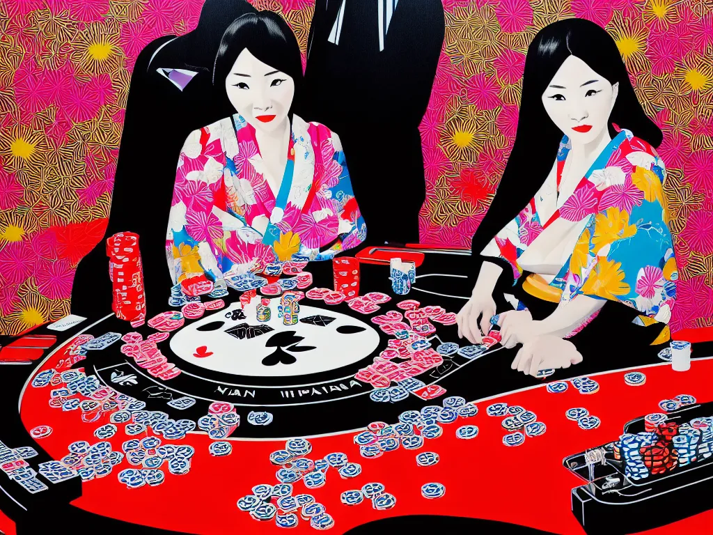 Image similar to hyperrealistim composition of the detailed single woman in a japanese kimono sitting at a extremely detailed poker table with darth vader, fireworks, river on the background, pop - art style, jacky tsai style, andy warhol style, acrylic on canvas