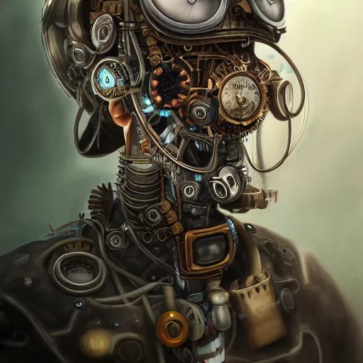 Image similar to portrait painting of a steampunk cyborg doctor, transhumanism, ultra realistic, concept art, studio ghibli, intricate details, eerie highly detailed