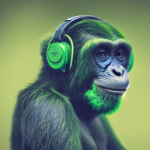 Image similar to a high quality photo of a green chimp wearing headphones, realism, 8k