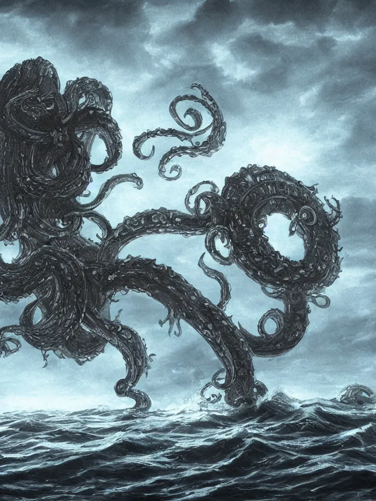 Prompt: digital art of a kraken attacking a ship on the surface of the ocean, detailed, dark, ominous