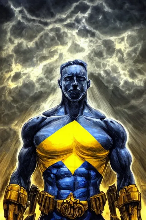 Prompt: a hyper realistic picture of a super soldier with a Ukrainian blue and yellow stripes flag standing in the beam of light from the clouds on a pile of skulls as a winner, masculine figure, D&D, fantasy, intricate, elegant, highly detailed, digital painting, artstation, concept art, matte, sharp focus, symmetrical, illustration, art by Artgerm and Greg Rutkowski and Alphonse Mucha