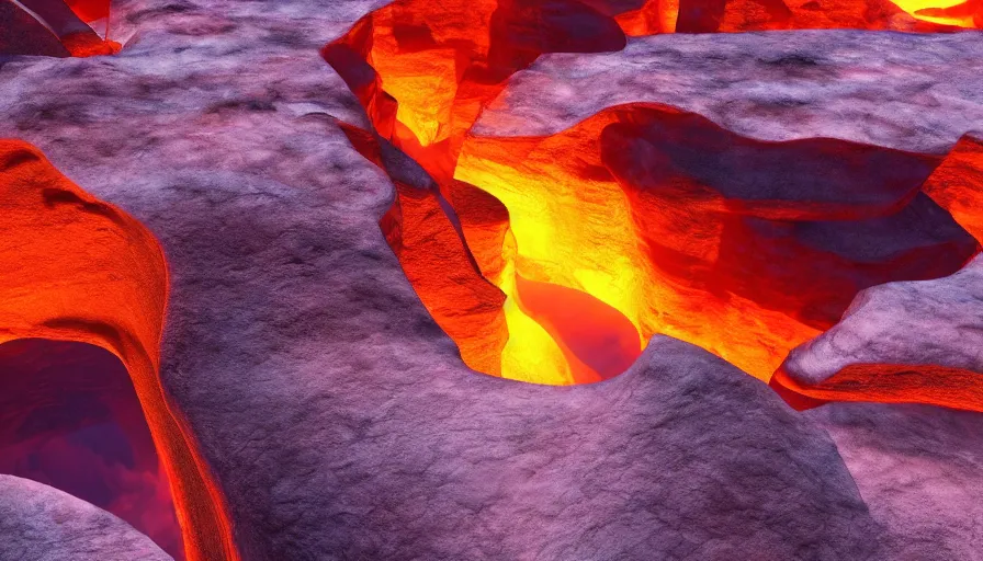 Image similar to wide angle cinematic shot of a deep fiery canyon in a freezing icy planet, ice fire contrast, epic scale, HD cinematic render, volumetric lighting, 4k