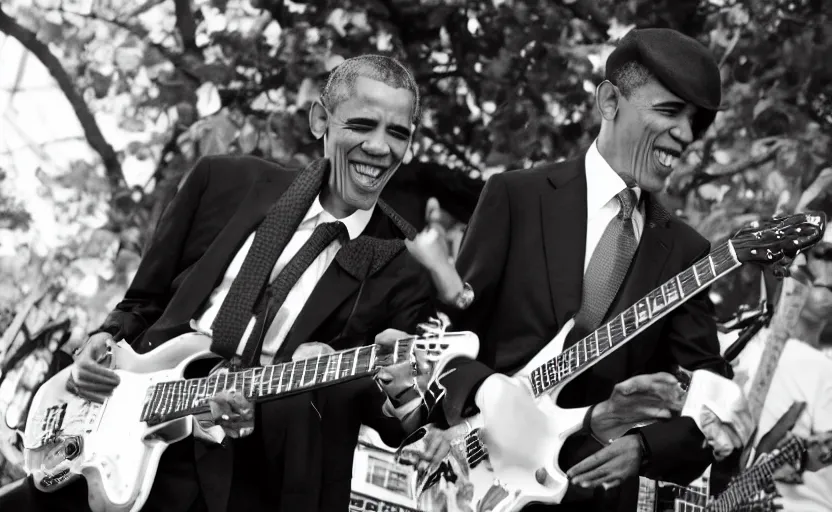 Prompt: footage of Obama playing in a punk rock band