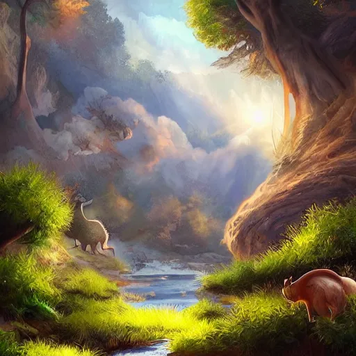 Image similar to beautiful lush natural scene on another planet, with creatures. different than earth but beautiful. lightfall. beautiful detailed digital painting. trending on artstation and deviantart.