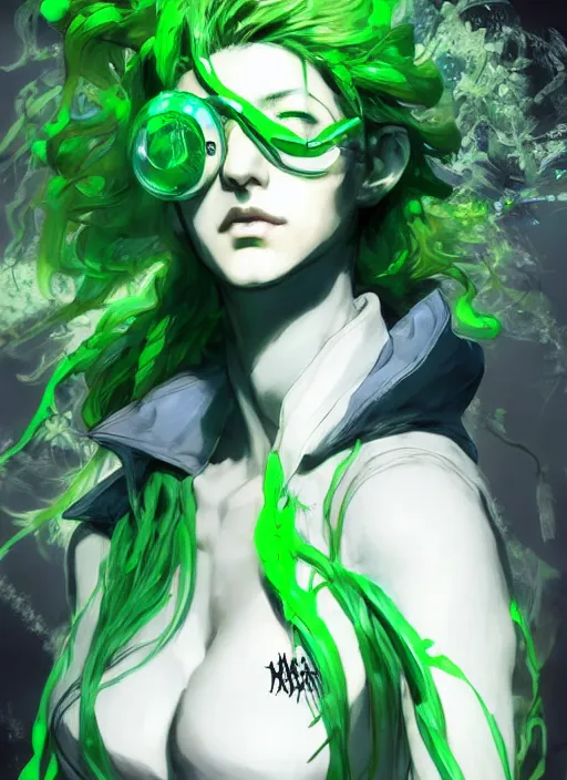 Image similar to Half body portrait of a beautiful dryad scientist with green hair and lab coat. In style of Yoji Shinkawa and Hyung-tae Kim, trending on ArtStation, dark fantasy, great composition, concept art, highly detailed.