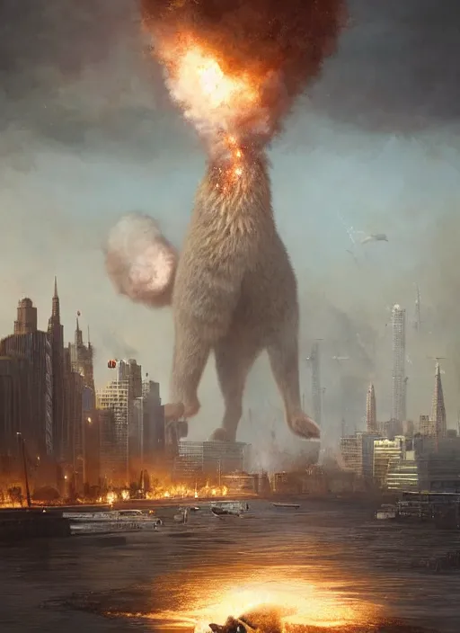 Image similar to hyper realistic giant fluffy caracal attacking moscow city harbor explosions, atmospheric beautiful details, strong composition painted by kim jung giu weta studio rutkowski, james gurney and greg rutkowski, and lucasfilm