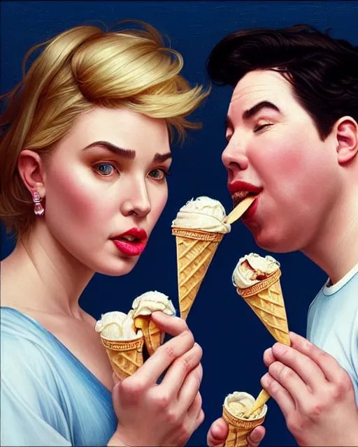 Prompt: Portrait of Michael Mcintyre & blonde actress with big lips eating ice creams in Porto,real life skin, intricate, elegant, highly detailed, artstation, concept art, smooth, sharp focus, art by artgerm and greg rutkowski and alphonse mucha