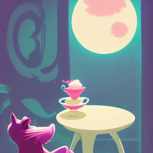 Prompt: cheshire cat drinking tea, in the style of atey ghailan and james gilleard, exquisite lighting, art, very coherent, trending on artstation