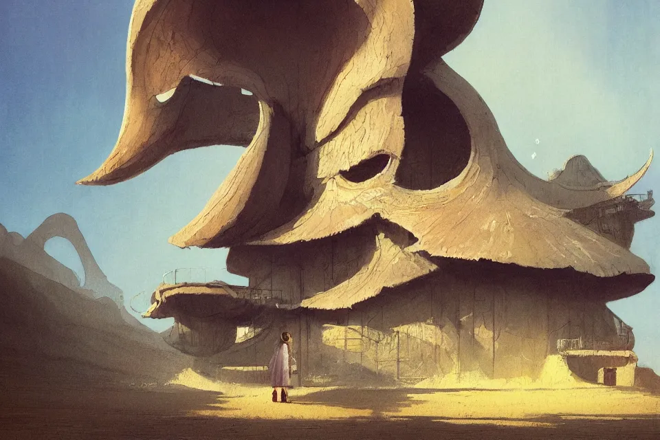 Prompt: atmospheric painting of a giant seashell house, a young girl stands outside, by moebius and john harris, atmospheric, concept art, saturation 20