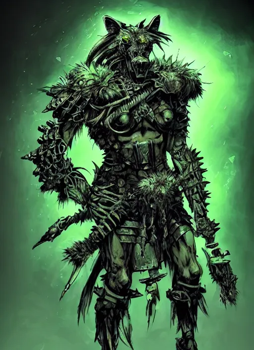 Prompt: Full body portrait of a gnoll warrior with a armour made of bones, emanating with green aura. In style of Yoji Shinkawa and Hyung-tae Kim, trending on ArtStation, dark fantasy, great composition, concept art, highly detailed, dynamic pose.