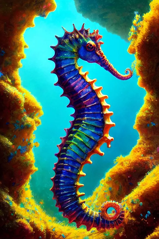 Image similar to highly detailed portrait of rainbow - colored seahorse, stephen bliss, unreal engine, fantasy art by greg rutkowski, rhads, ferdinand knab, makoto shinkai and lois van baarle, ilya kuvshinov, rossdraws, tom bagshaw, global illumination, radiant light, yellow blue theme, coral reef