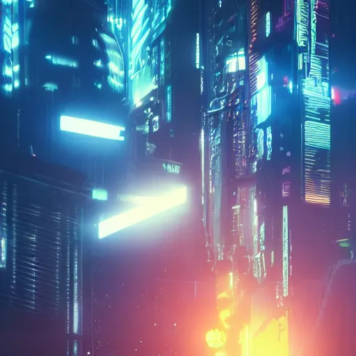 Image similar to « glowing neon lights, sunrise, cyberpunk, alita battle angel, blade runner,, cold, clouds, far view, photorealistic, unreal engine 5, sharp focus »