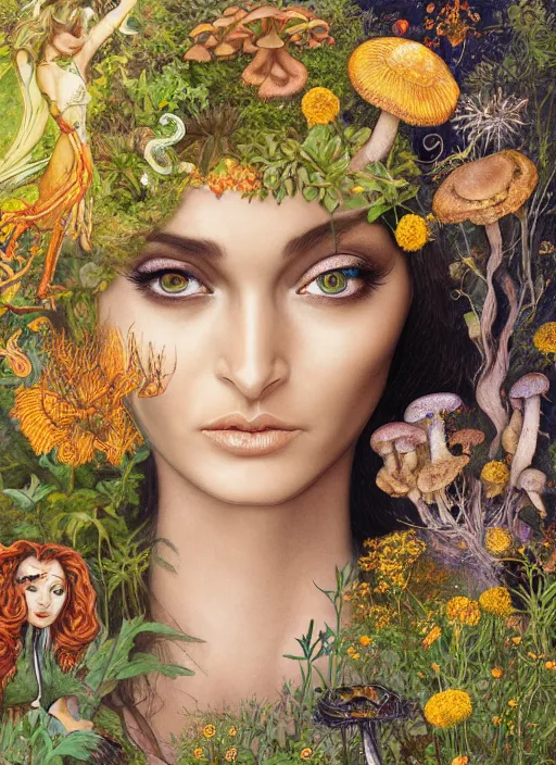 Prompt: arabesques grotesque painting with mushrooms, dandelions, crystals, ferns, very beautiful fairy face that looks like megan fox, with perfectly beautiful dark symmetrical eyes, by james jean and hiroshi yoshida and brian froud, photo, textured, colorful, 8 k resolution