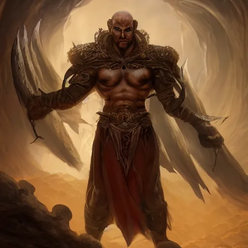 Prompt: dungeons & dragons avatar, fantasy concept art, classic portrait of a male daemon monk with demon wings outstretched, stoic, gladiator, lost in time, ( strong gargoyle - like features ), muscly, desert background, in the style of ruan jia, high detail, 8 k, uplit