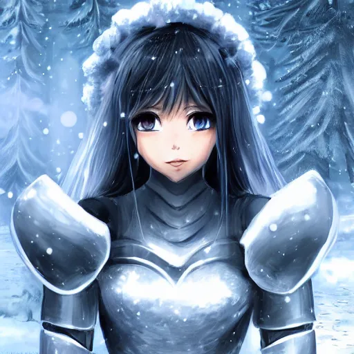 Prompt: portrait focus of knight beautiful 3D anime girl, marshmallow armor wearing, dark forest background, snowing, bokeh, inspired by Masami Kurumada, digital painting, high contrast, unreal engine render, volumetric lighting, high détail