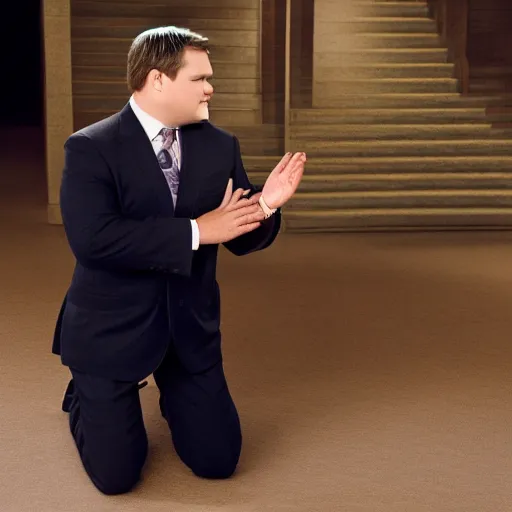 Image similar to Andy Richter wearing a brown suit and necktie kneeling on the ground on both knees with a pleading look on his face.