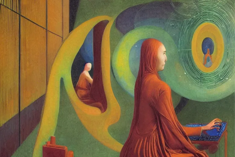 Image similar to realistic portrait of an engineer woman programming the samsara holy cluster, fine portrait, concept art, stunning, visionary, by brecht evens, by jean delville, by francis bacon