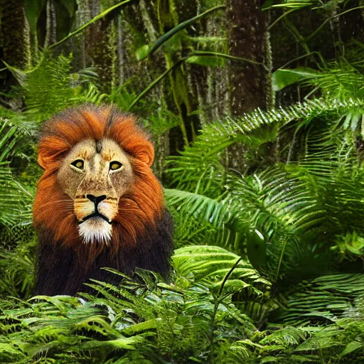 Image similar to unearthly speckled lion, in a lush alien forest filled with glowing unfamiliar flora, award - winning photography