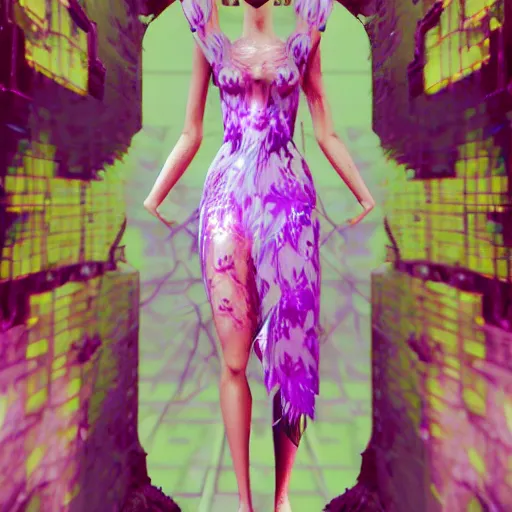 Prompt: cute female forest spirit wearing floral cybernetic valentino resort sheer dress in a 3 d psx ps 2 jrpg style, overgrown esoteric cyber cathedral sanctuary, fashion gameplay screenshot, highly detailed, morning pink gold light
