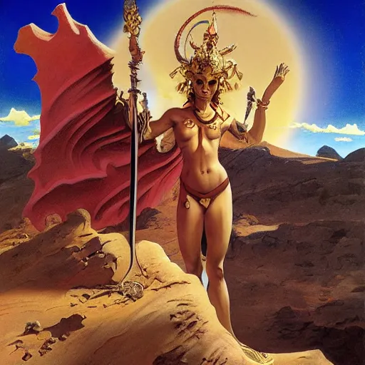 Image similar to pilgrimage of Desert Deity under crimson azure diamond sky, in the style of Frank Frazetta, Jeff Easley, Caravaggio, extremely clear and coherent, clear lines, 8K revolution