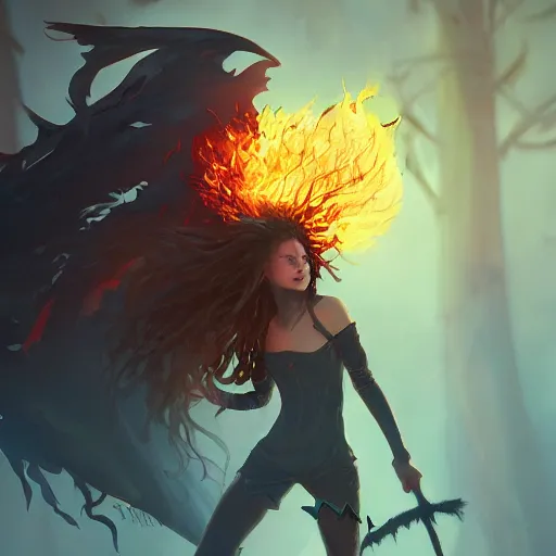 Image similar to a witch on fire, greg rutkowski, zabrocki, karlkka, jayison devadas, trending on artstation, 8 k, ultra wide angle, zenith view, pincushion lens effect