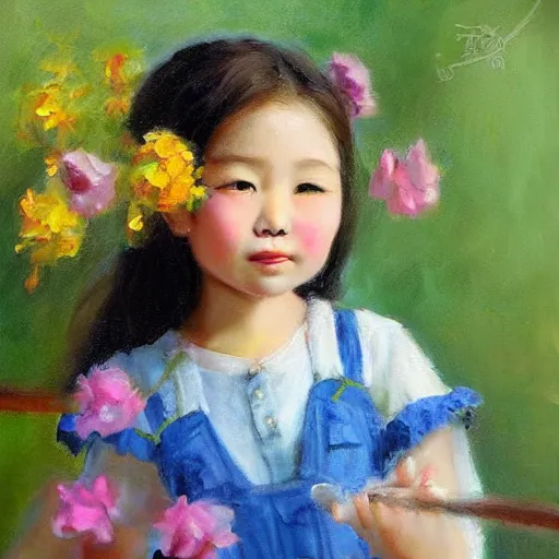 Prompt: Asian little girl holding flowers, bust, oil painting,CG,HD,8K