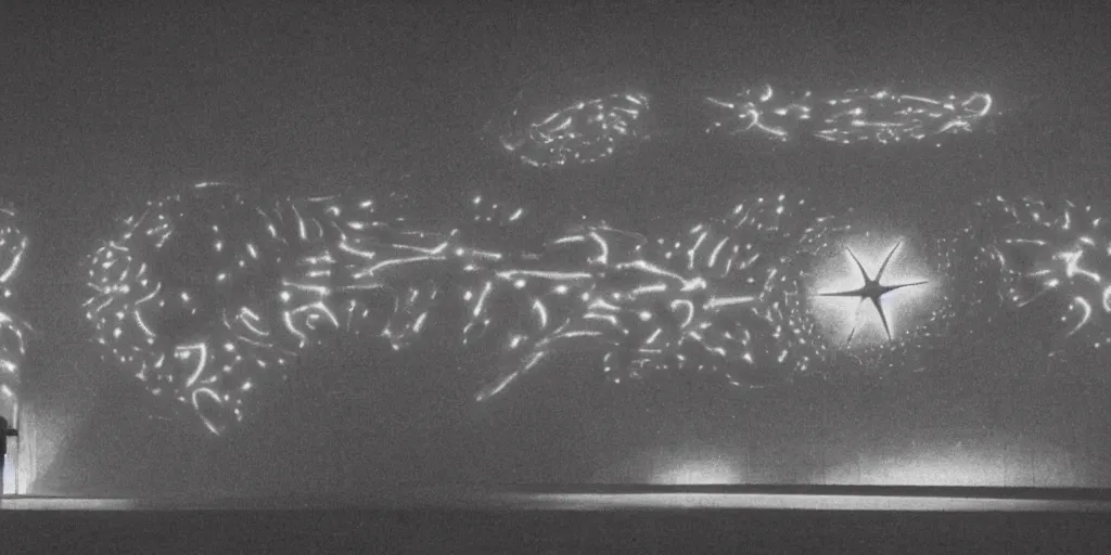 Image similar to light coming out of one starfish - like kaiju anthropomorphic monster, korean film noir by kim jong - il, korean traditional palace, pyongyang city, 1 9 6 0 s, red color bleed, 4 k, video compression, video glitch, monochrome, akira kurosawa, mamoru oshii, wes anderson, stanley kubrick