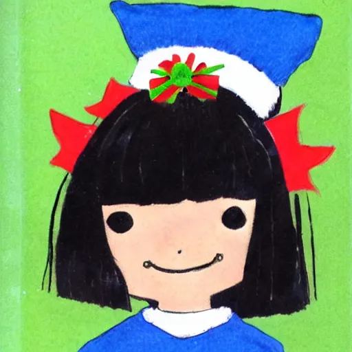 Image similar to children's book illustration of little girl black hair cut in a bob with bangs wearing a blue dress with jingle bells sewn all over at a halloween costume contest