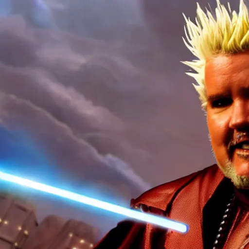 Image similar to Guy Fieri in Star Wars Revenge of the Sith, Jedi Knight, blue light saber, cinematic lighting, cinematic, sci-fi city in background, 55mm lens
