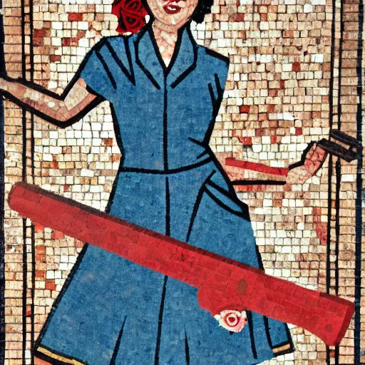 Image similar to Rosie the riveter holding a hammer and sickle, wearing a red rose, on roman mosaic