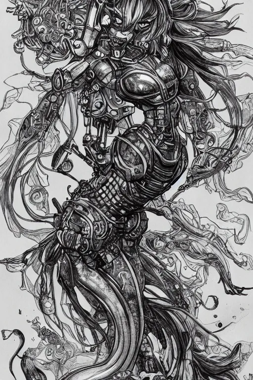 Prompt: full body illustration, mechanized latina female, cruel mermaid, highly detailed, sumi - e art, suiboku - ga ink, by kim jisu, pen and ink monochrome, mecha, deviantart, artstation, pinterest