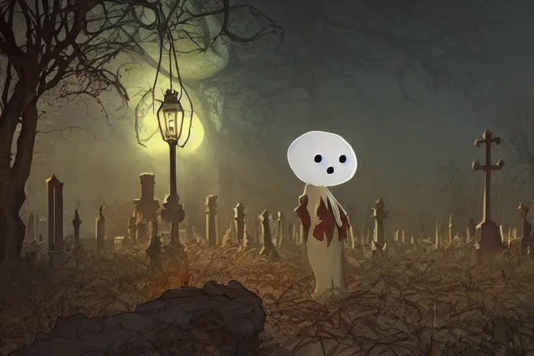 Prompt: an ultra detailed animation of a cartoon ghost in a graveyard at midnight on halloween, digital art, dark fantasy, concept art, soulslike, by alphonse mucha, blood moon eclipse, ruined building in the background, artstation, 8 k, unreal engine render