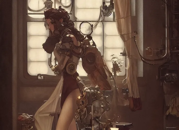 Prompt: woman model, steampunk!!! and modern, neutral colors, in a bathroom, backlit, elegant, highly detailed, digital painting, artstation, concept art, smooth, sharp focus, illustration, art by krenz cushart and artem demura and alphonse mucha