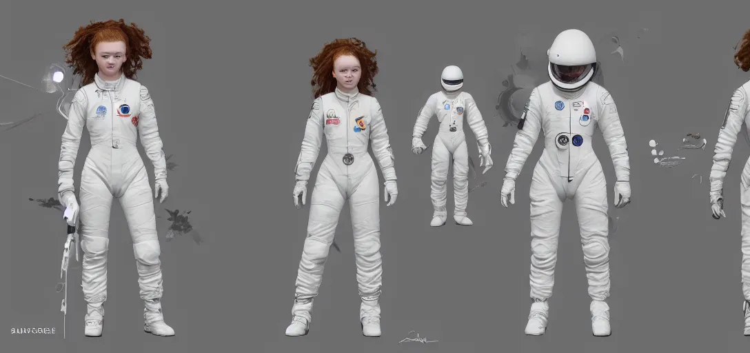 Image similar to character sheet concept art of sadie sink in a modern white spacesuit, realistic, hyperrealistic, photographic, costume, wlop, dan mumford, greg rutkowski, high detail, octane render, alexander mcqueen, james gurney, james jean, mucha, photo, 8 k, intricate