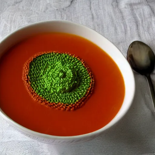 Image similar to A bowl of soup knitted out of yarn