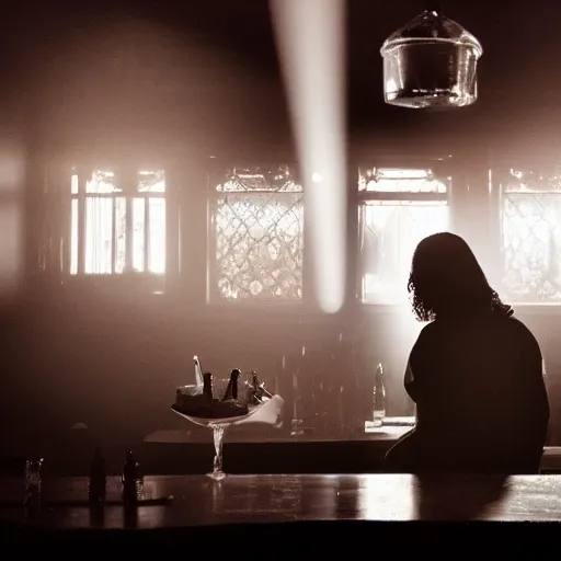 Prompt: a still of jesus sitting down on a stool at the bar, last call. it's dark and smoky. god rays through fog.