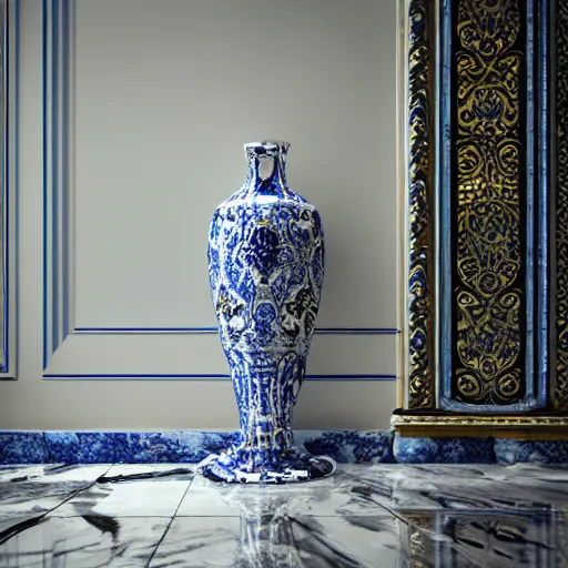 Image similar to An ornate baroque vase breaking on the marble tile floor, exploding into dust, dark-blue light-blue gold silver white black beige, volumetric dust rays, intricate detail, ultra realistic, cinematic lighting, moody, wet, shiny