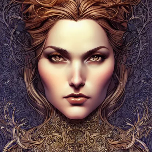 Image similar to a beautiful detailed front view portrait of a woman with ornate growing around, ornamentation, sculpture, elegant, luxury, beautifully lit, artgerm, joshua middleton comic cover art,