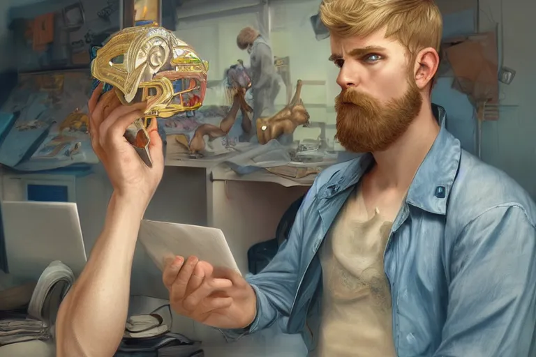 Image similar to a computer graphics artist man with blonde hair, blue eyes, a ballcap in a messy room at the computer animating, ultra realistic, concept art, intricate details, serious, highly detailed, photorealistic, octane render, 8 k, unreal engine. art by artgerm and greg rutk owski and alphonse mucha